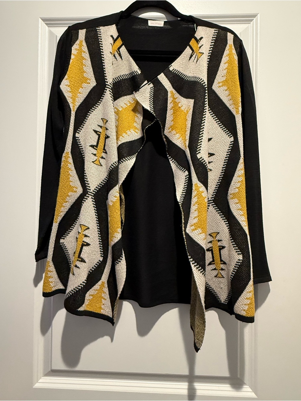 Geometric Black & Mustard Open-Front Cardigan Sweater